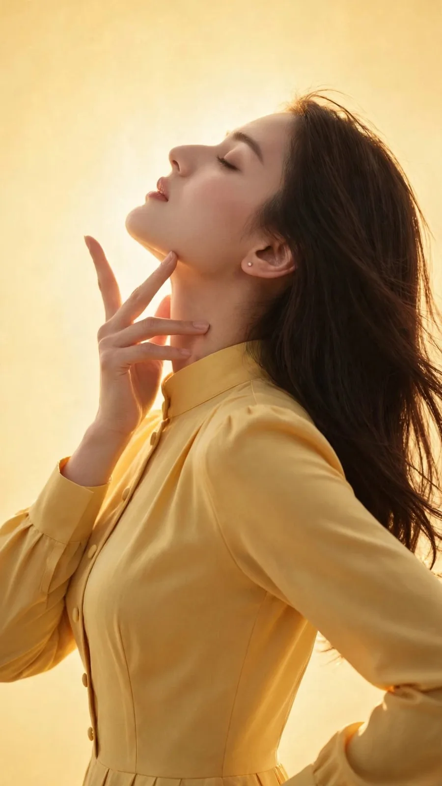 Editorial portrait east asian woman golden yellow backdrop — Sonra