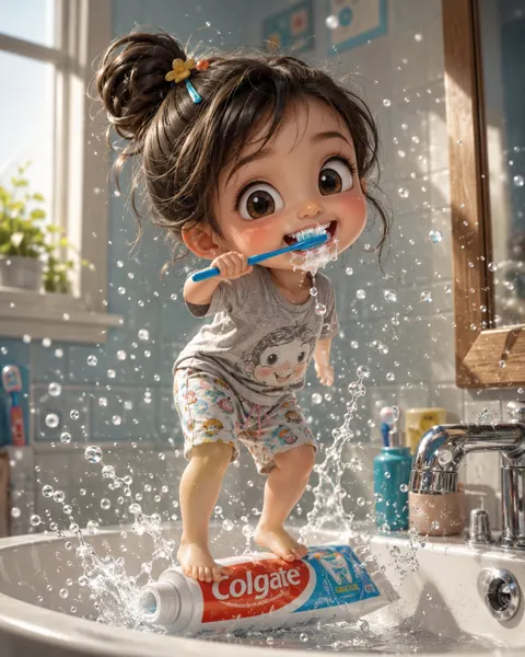 Toddler girl brushing teeth sink 3d illustration