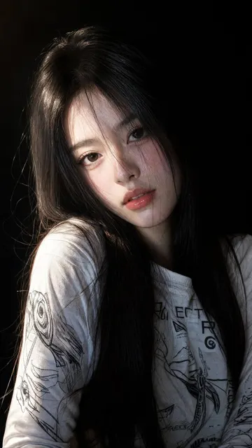 Beautiful east asian woman portrait black hair graphic tee