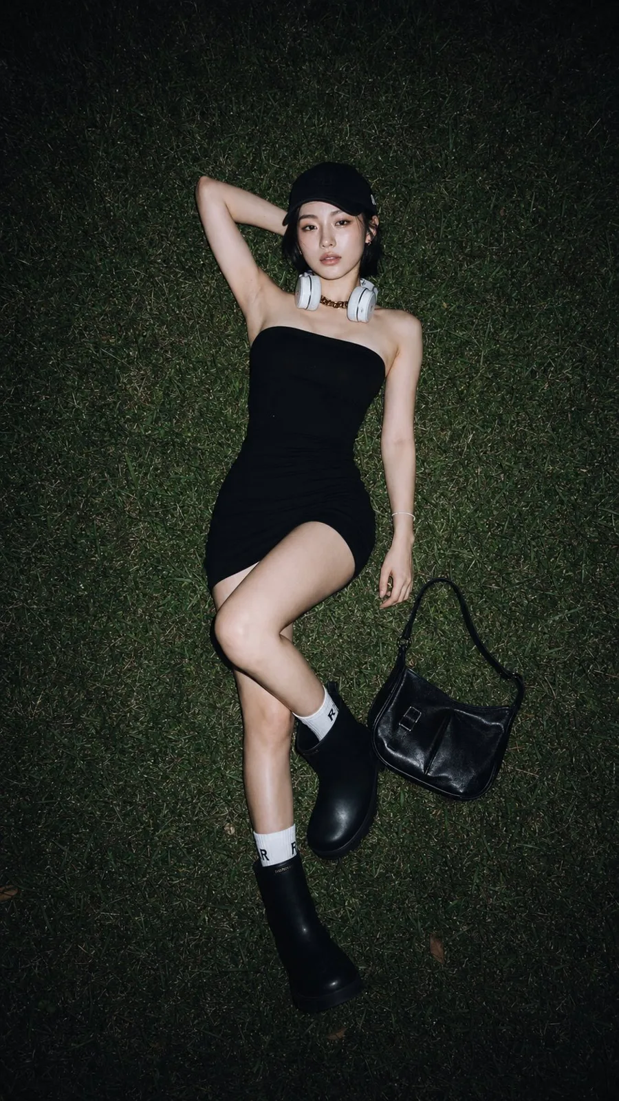 Vertical fashion editorial photography grass night y2k — Sonra