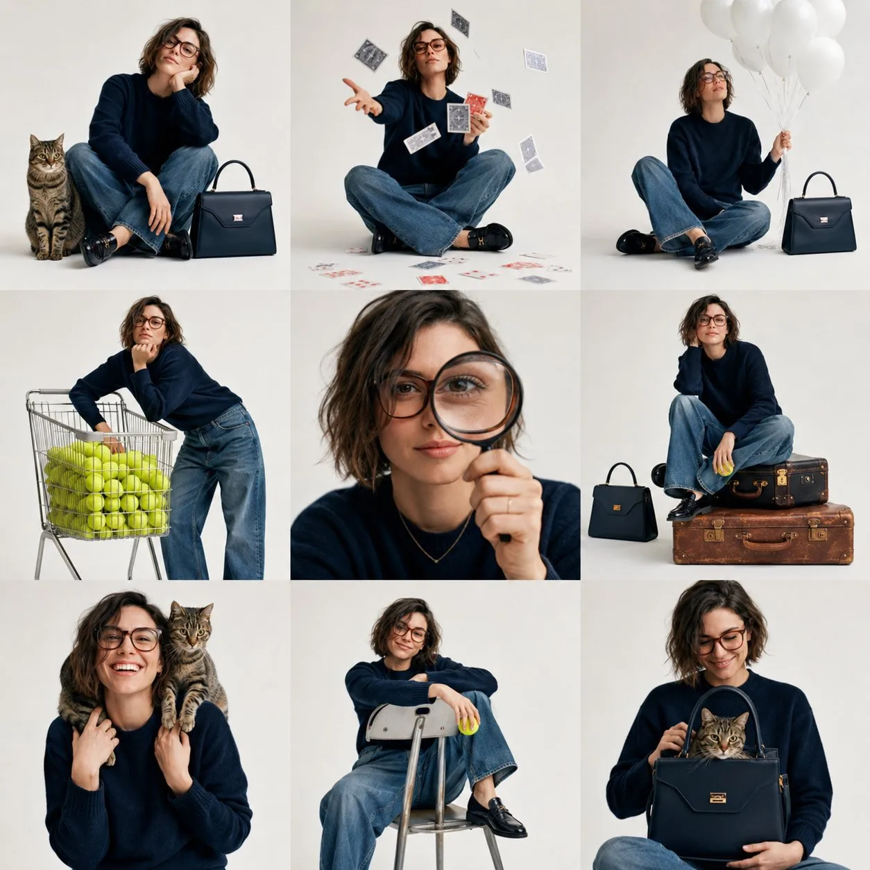 Photorealistic high fashion studio collage 3x3 grid — Sonra