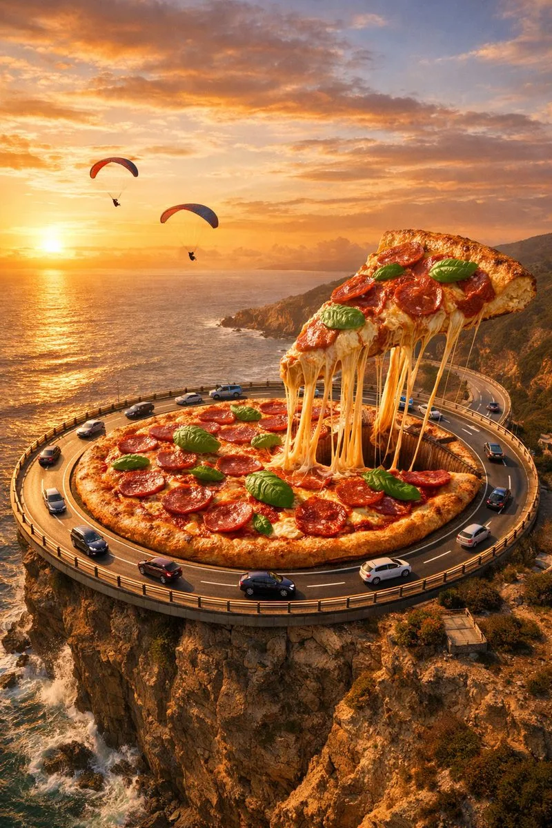 Giant pizza roundabout coastal sunset — Sonra
