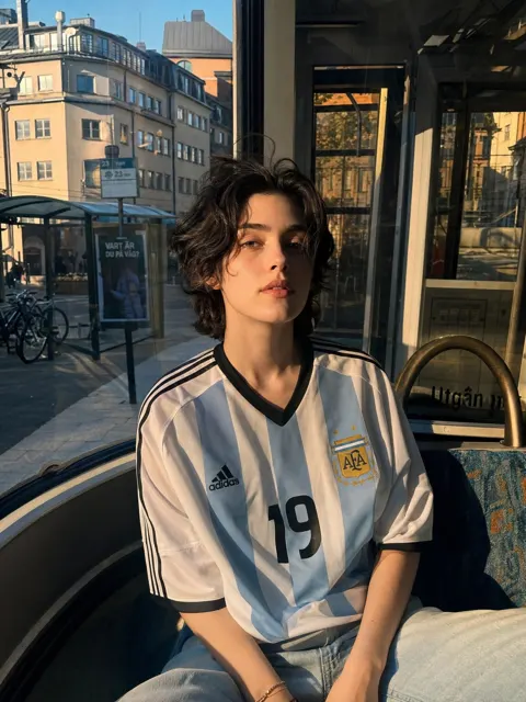 Argentina jersey urban bus golden hour portrait