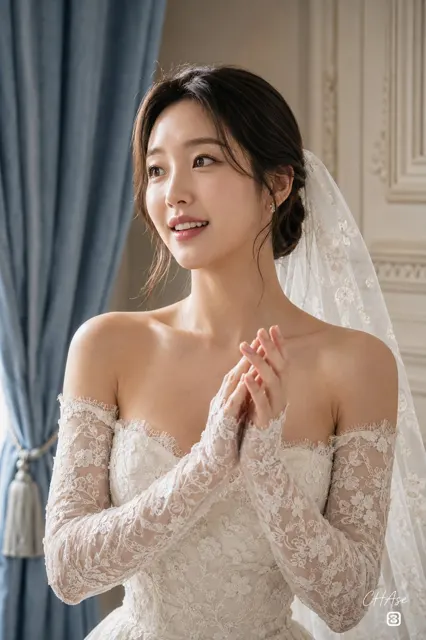 Realistic bridal portrait lace wedding dress