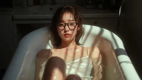 Photorealistic japanese korean female vintage bathtub editorial portrait