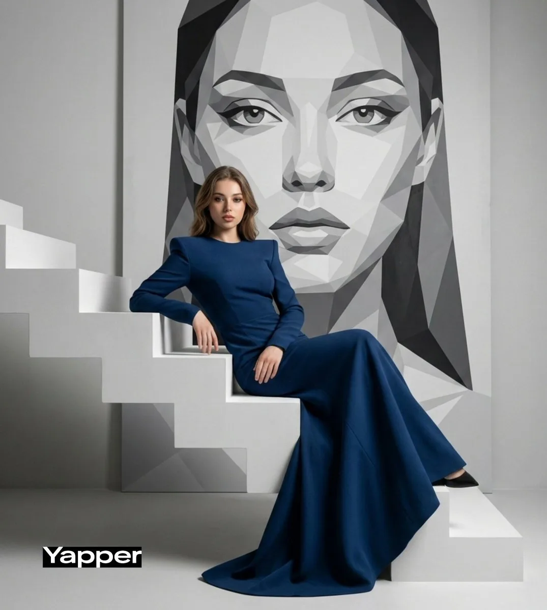 Dark blue couture geometric portrait — Sonra