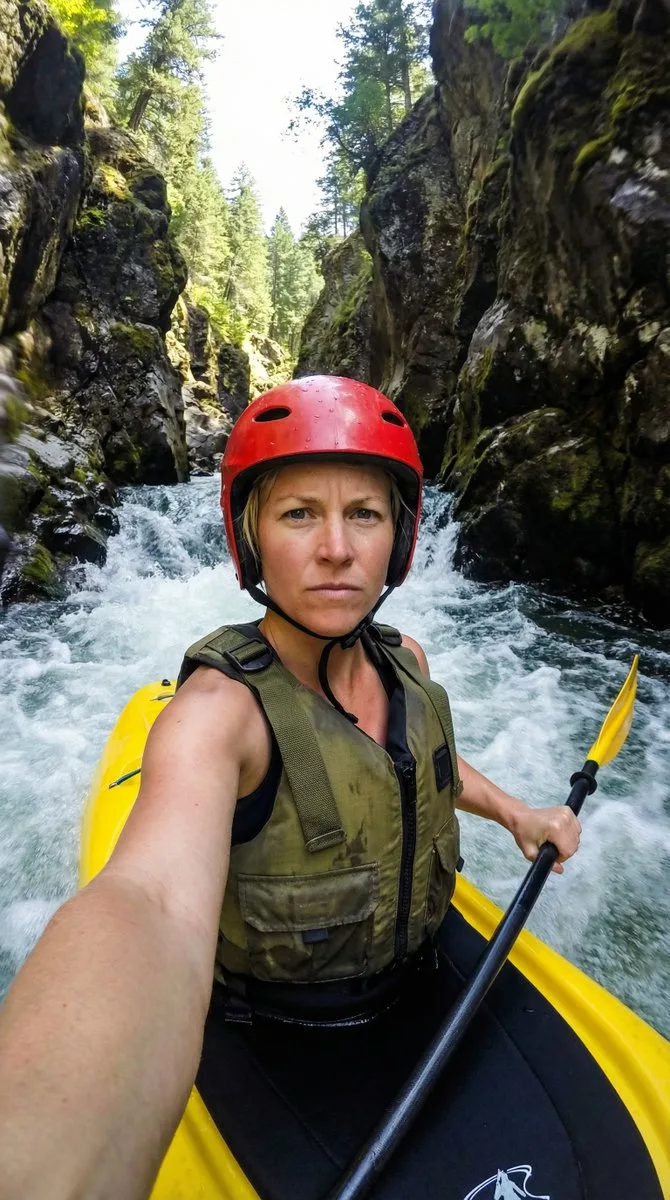 Rapids canyon blonde kayak selfie — After