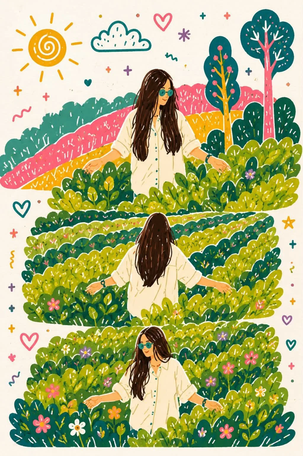 Whimsical storybook tea plantation illustration — Sonra