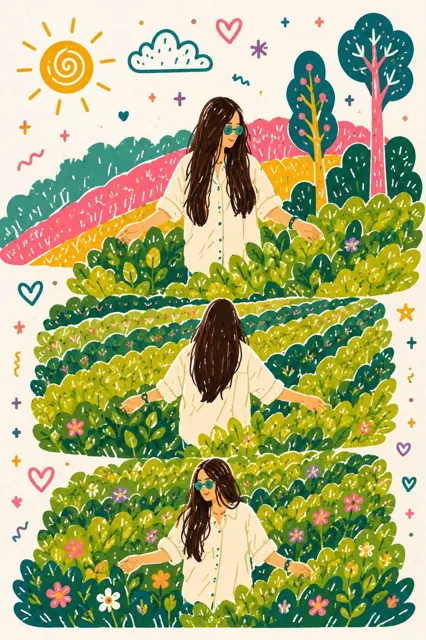 Whimsical storybook tea plantation illustration