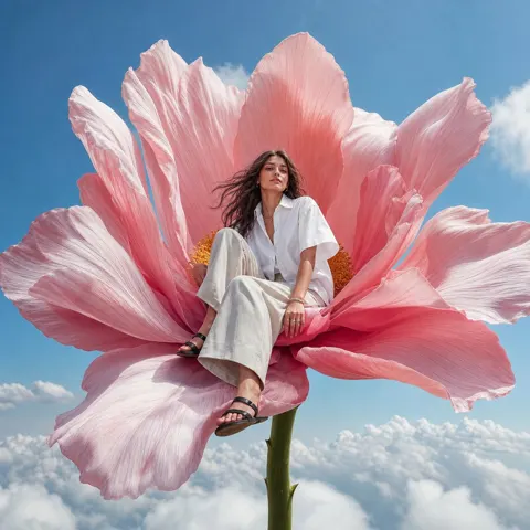 Fashion model on giant pink flower above clouds