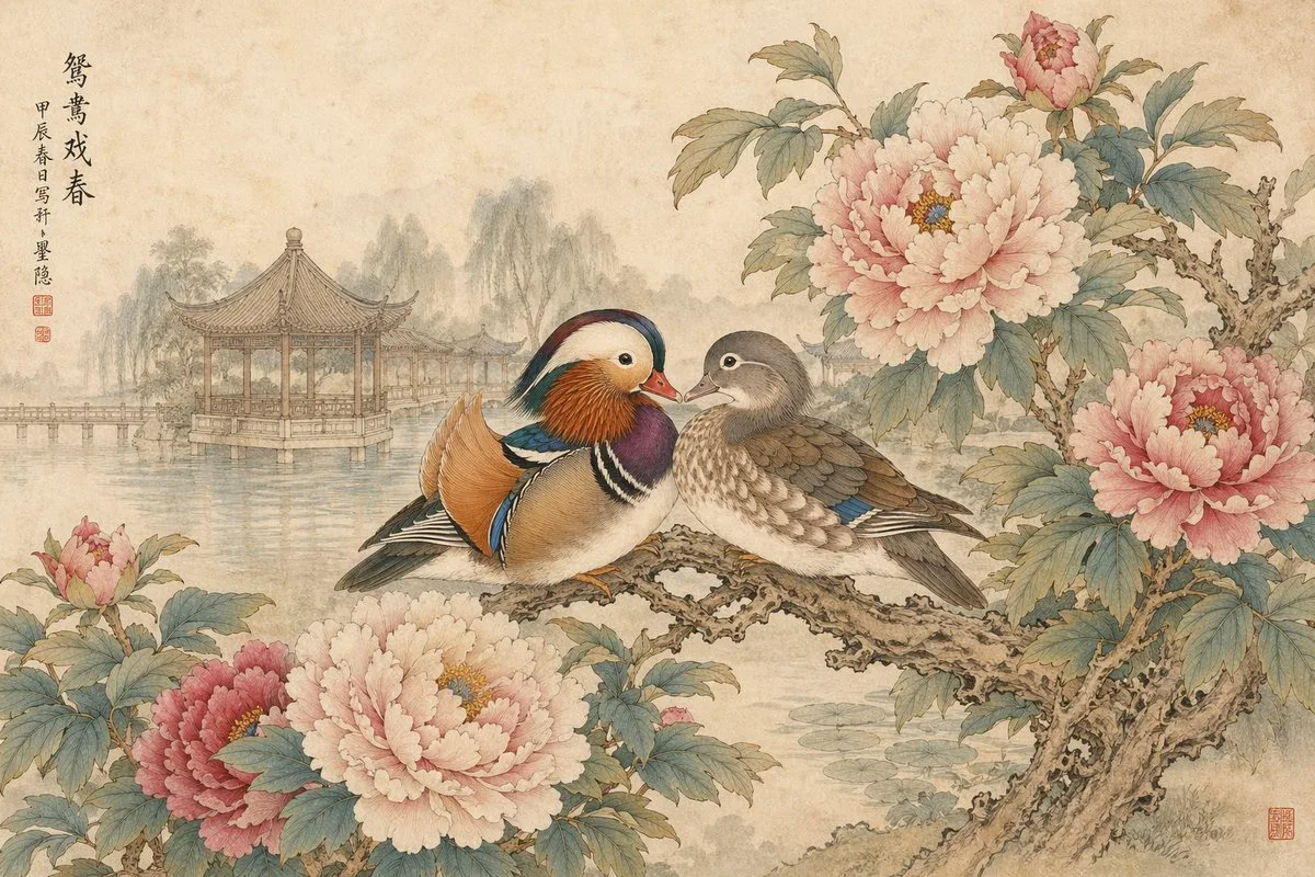 Gongbi peonies mandarin ducks — Sonra