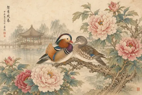 Gongbi peonies mandarin ducks
