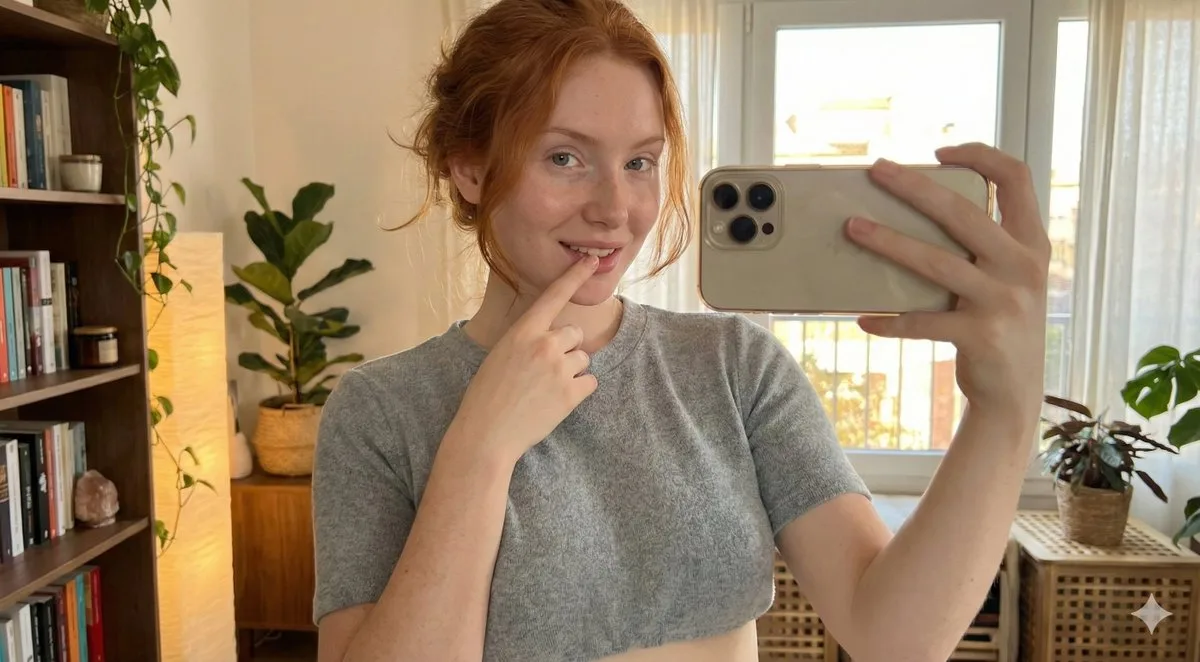 Cozy home redhead playful selfie — After