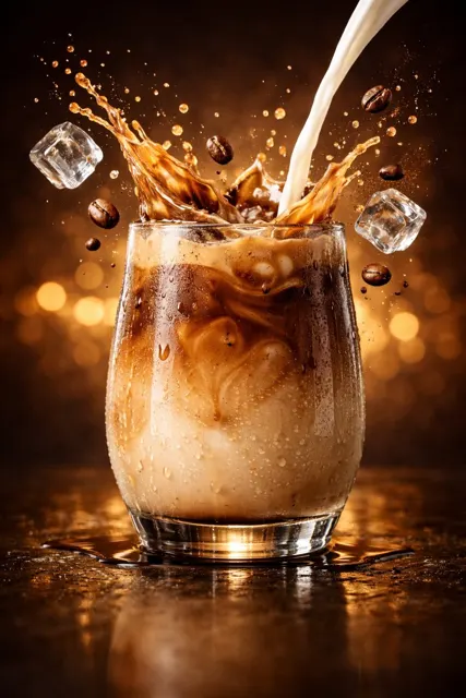 Splashing iced latte cinematic commercial photography