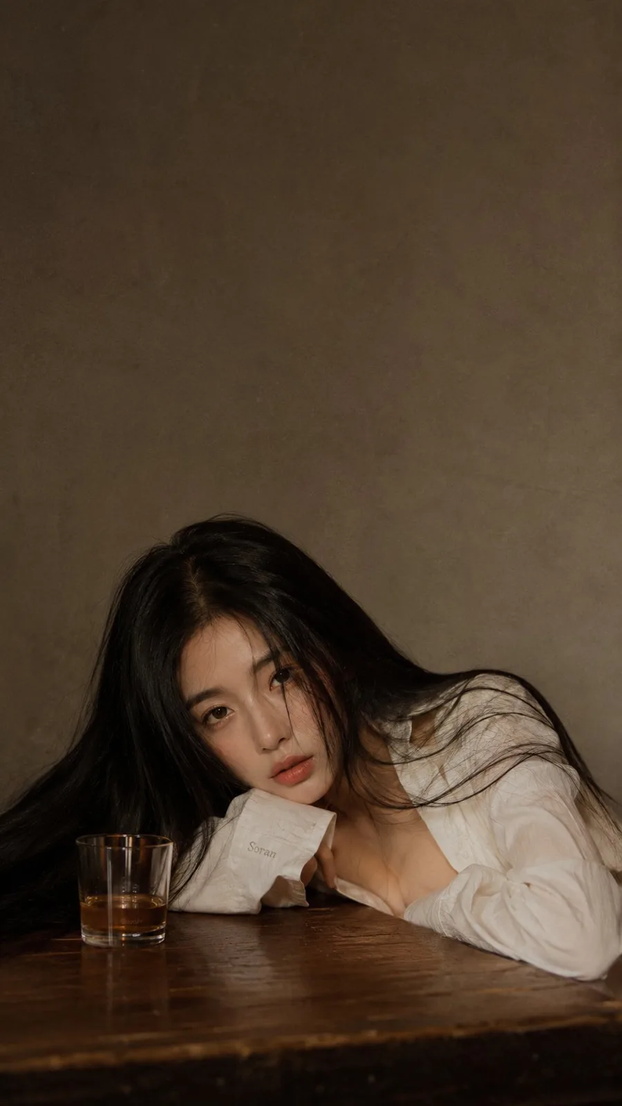 Retro indoor portrait east asian woman long hair — After