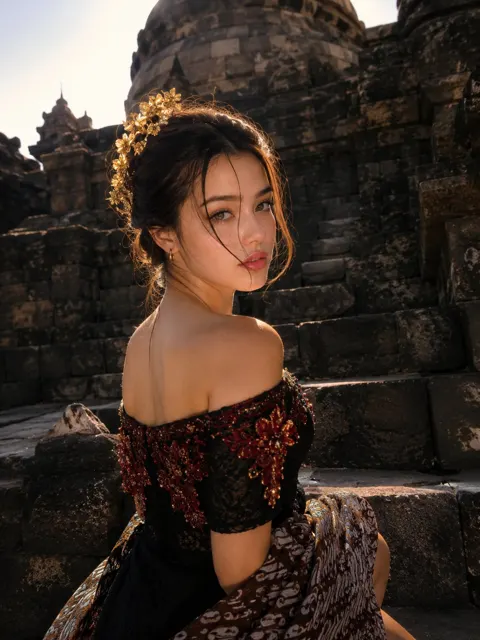 Ultra realistic luxury travel portrait east asian woman temple