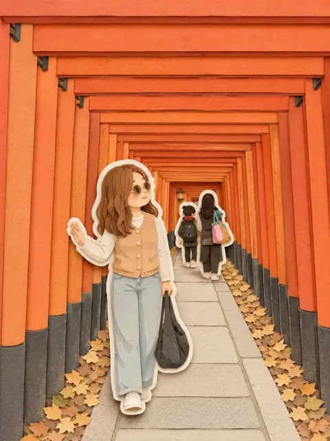 Anime girl kyoto torii gates papercraft style