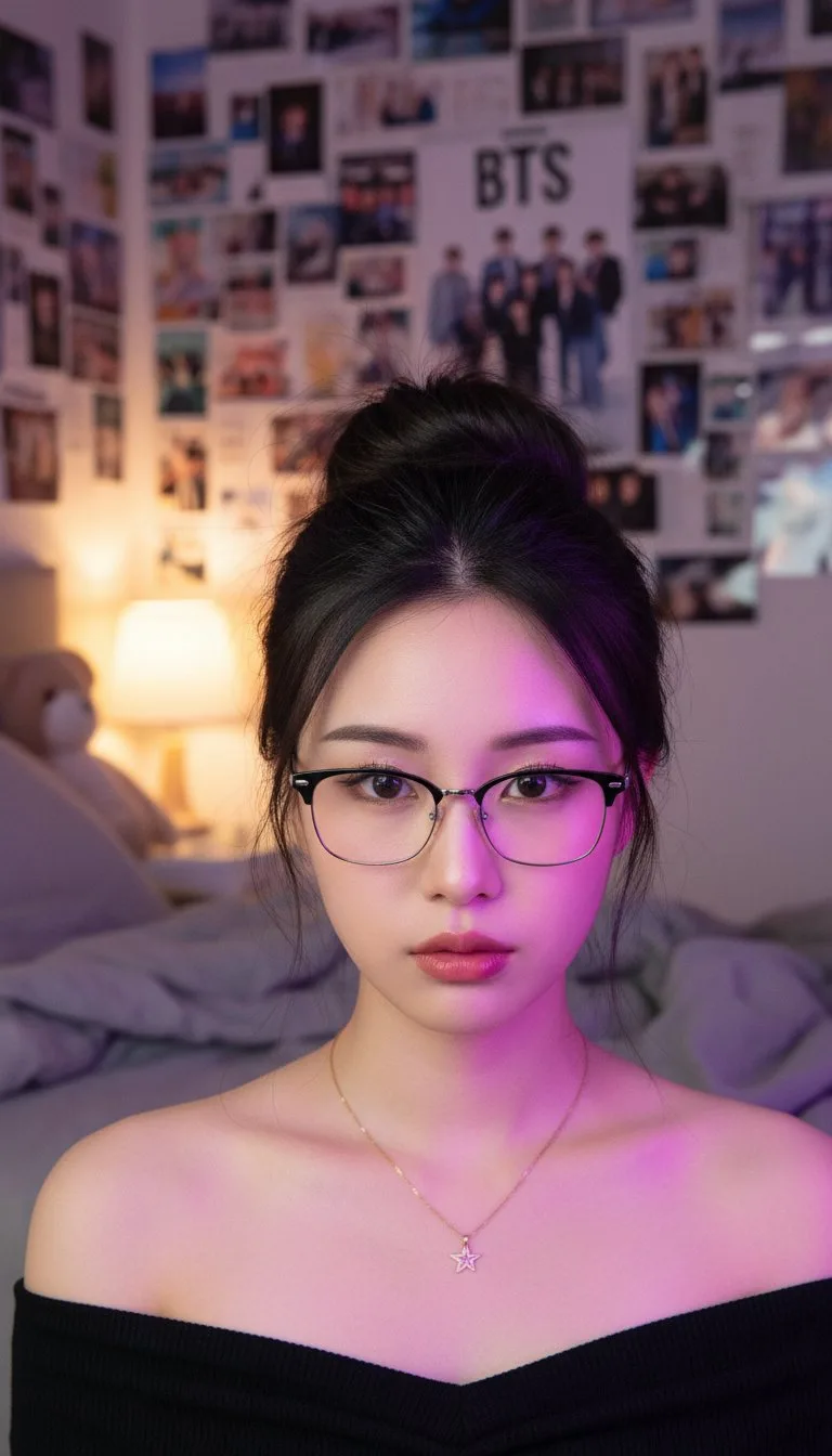 Young east asian woman browline glasses purple lighting bedroom portrait — After