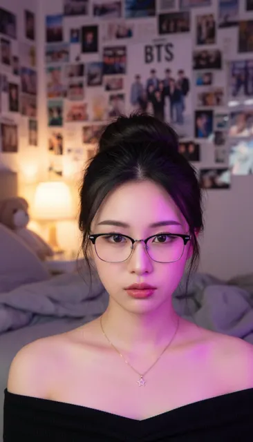 Young east asian woman browline glasses purple lighting bedroom portrait