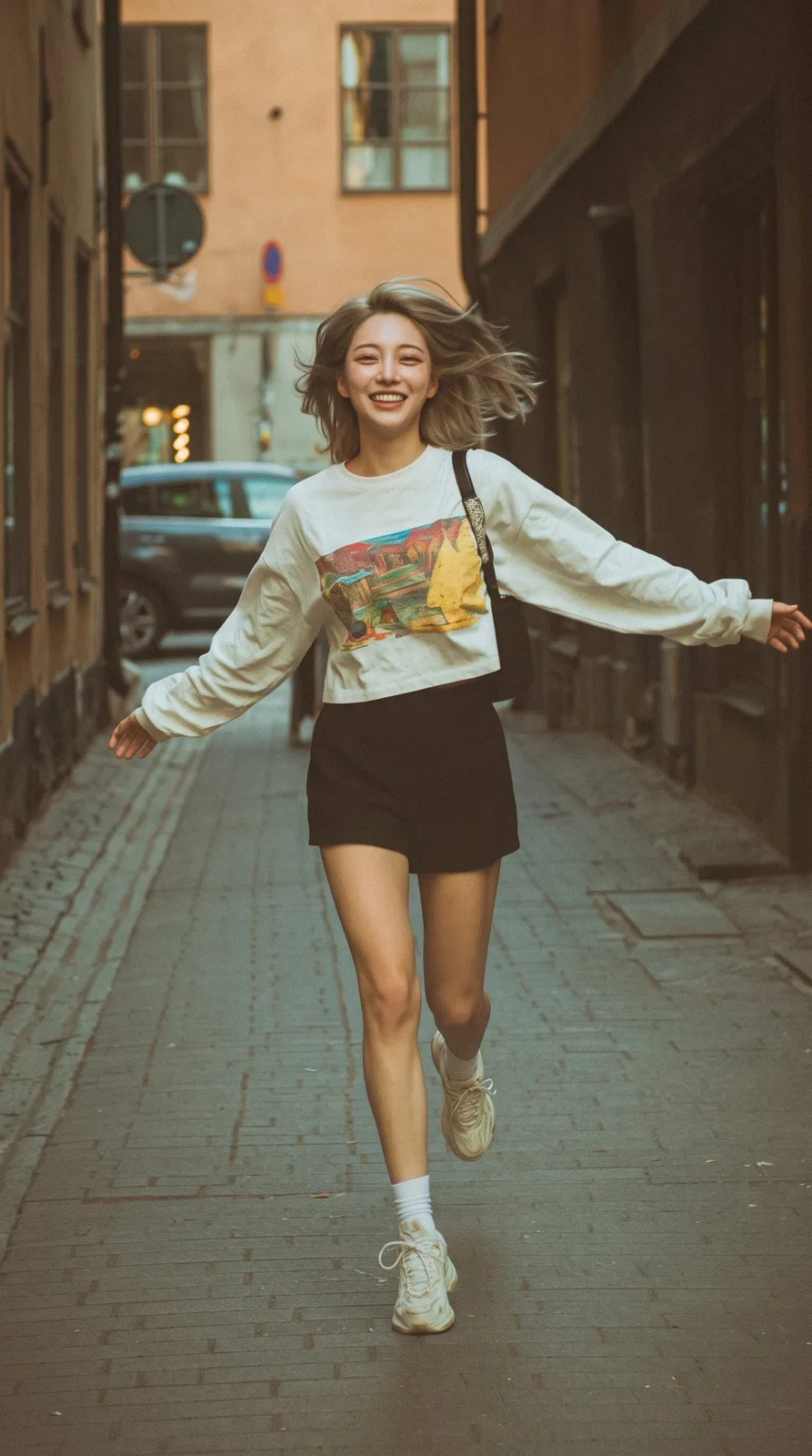 Realistic running woman alley film portrait — After