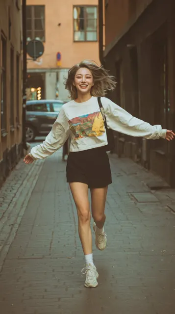 Realistic running woman alley film portrait