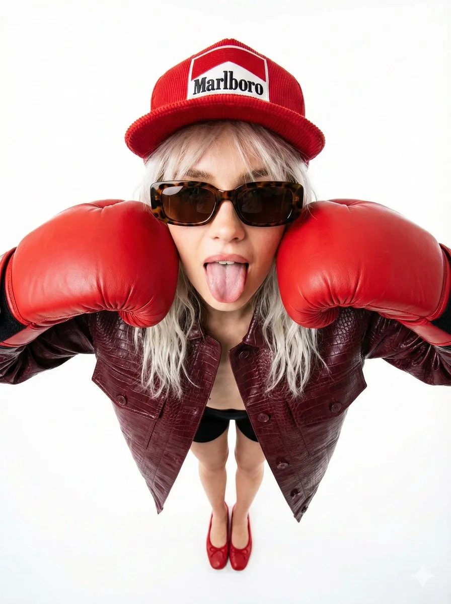 Playful red boxing girl wide angle — Sonra