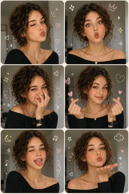 Ultra realistic young woman six expression portrait collage