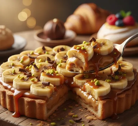 Golden caramel banana tart realistic