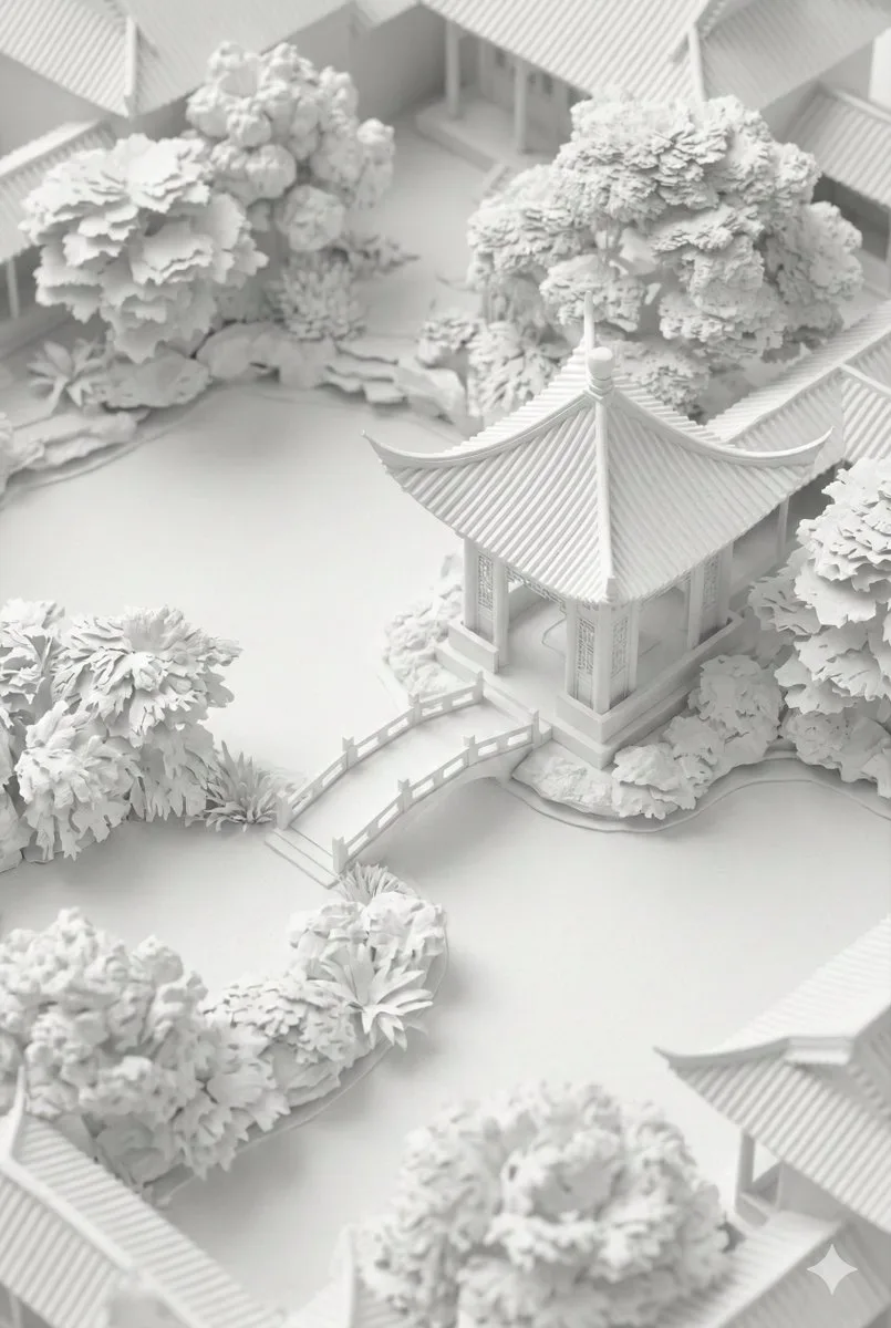 White clay relief chinese garden — After