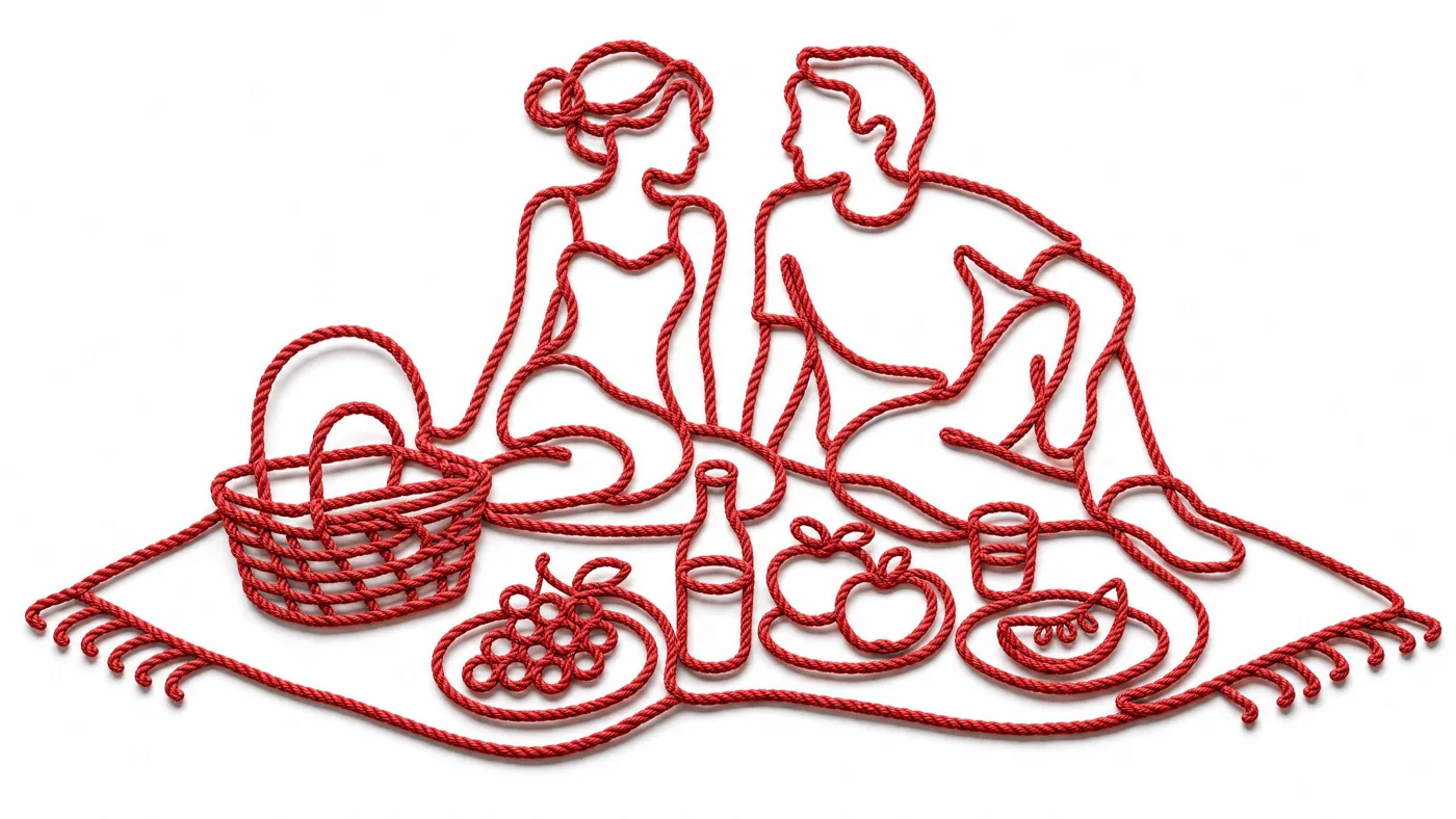 Red rope continuous line picnic scene — Sonra