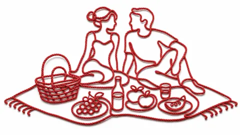 Red rope continuous line picnic scene