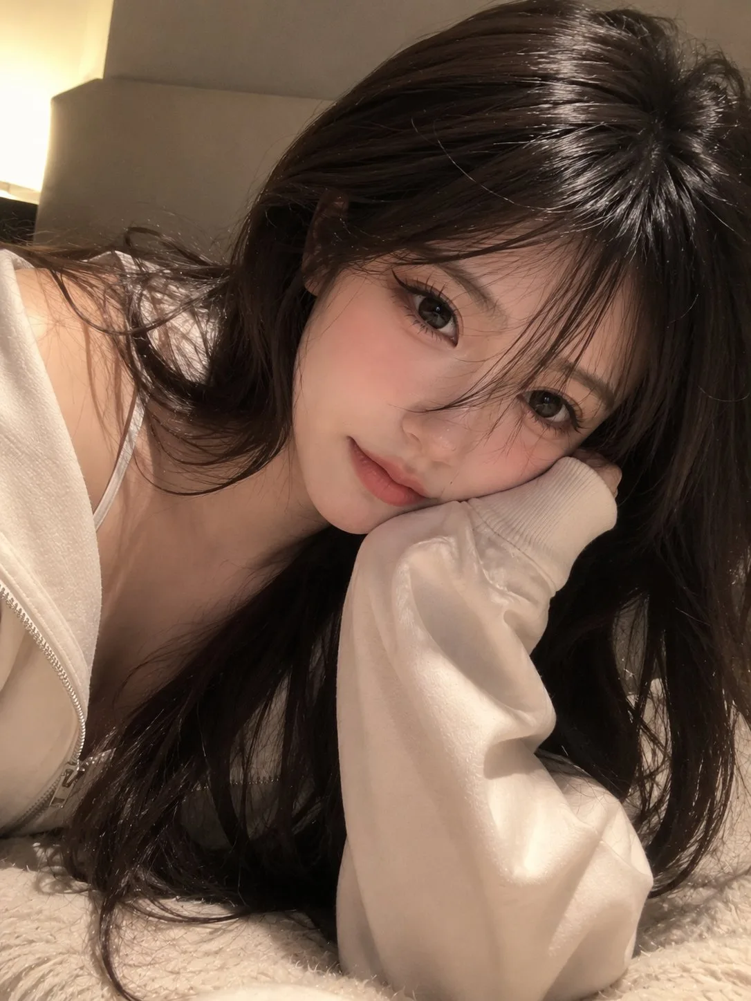 Photorealistic cozy hoodie girl selfie — After