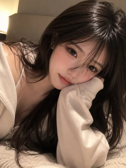 Photorealistic cozy hoodie girl selfie