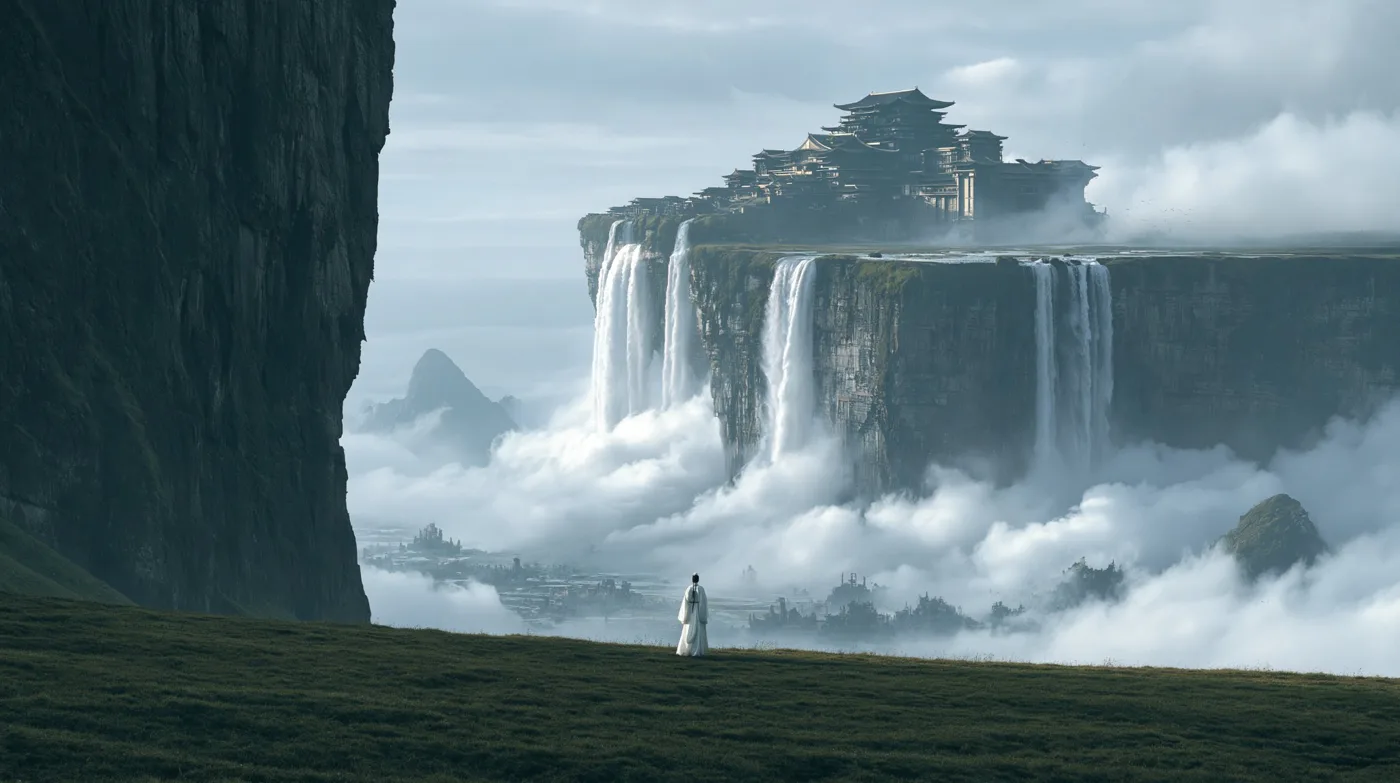 Ancient east asian palace abyss waterfall — After