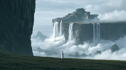 Ancient east asian palace abyss waterfall