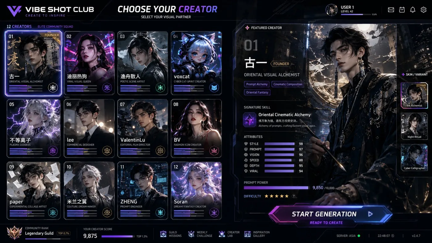Vibe shot club ai creator selection ui — After