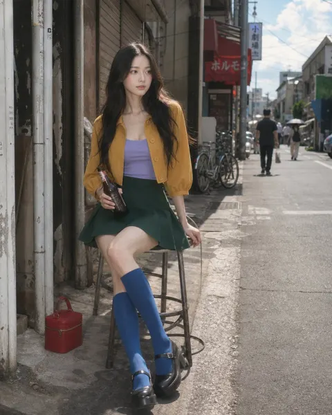 Mustard cropped jacket green miniskirt outfit