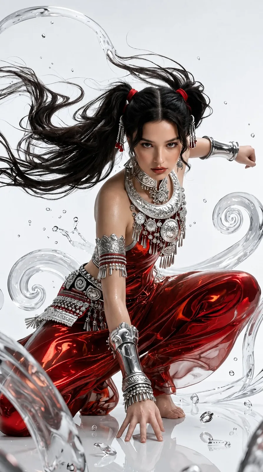 Fantasy warrior girl dynamic action pose red silk outfit — Sonra