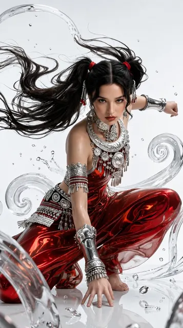 Fantasy warrior girl dynamic action pose red silk outfit
