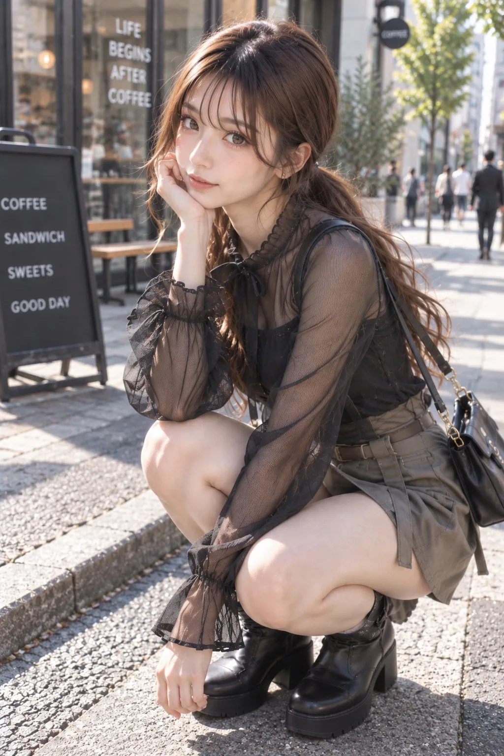 Japanese street fashion autumn white cafe portrait — Sonra