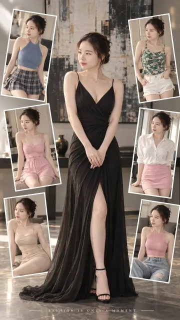 Asian sweet girl fashion collage black dress
