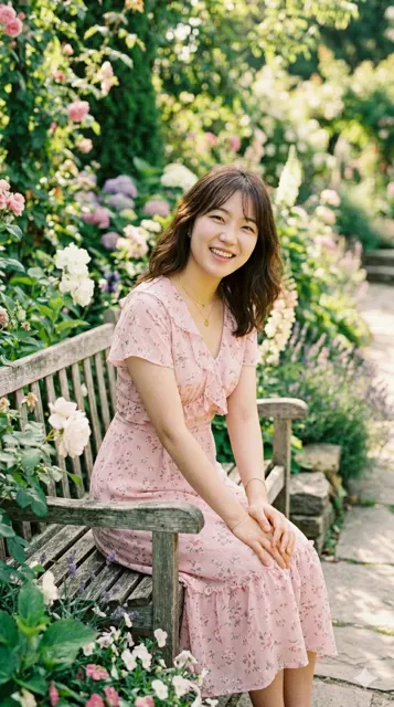 Cheerful east asian woman english garden film aesthetic