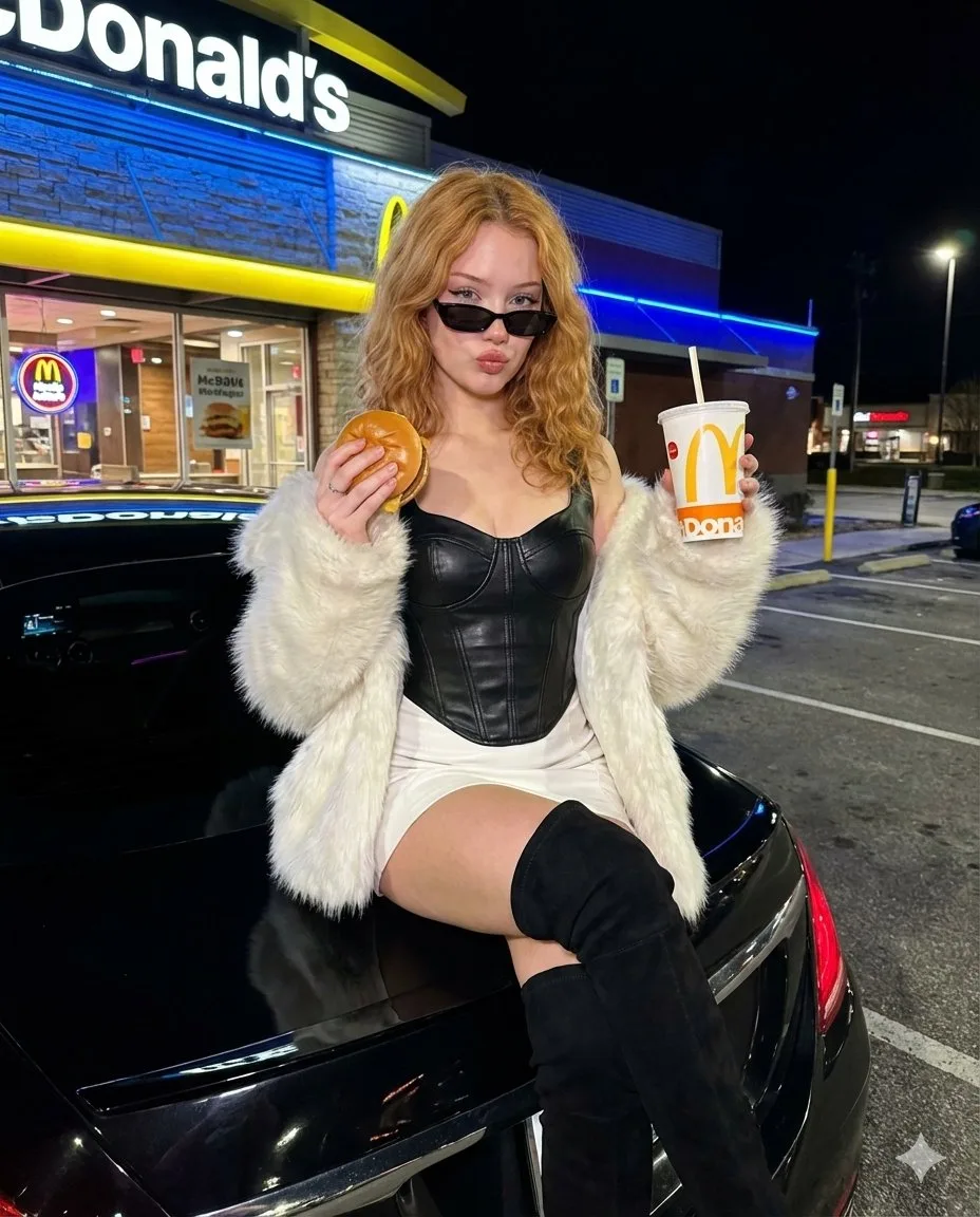 Late night mcdonalds luxury car fur girl — Sonra