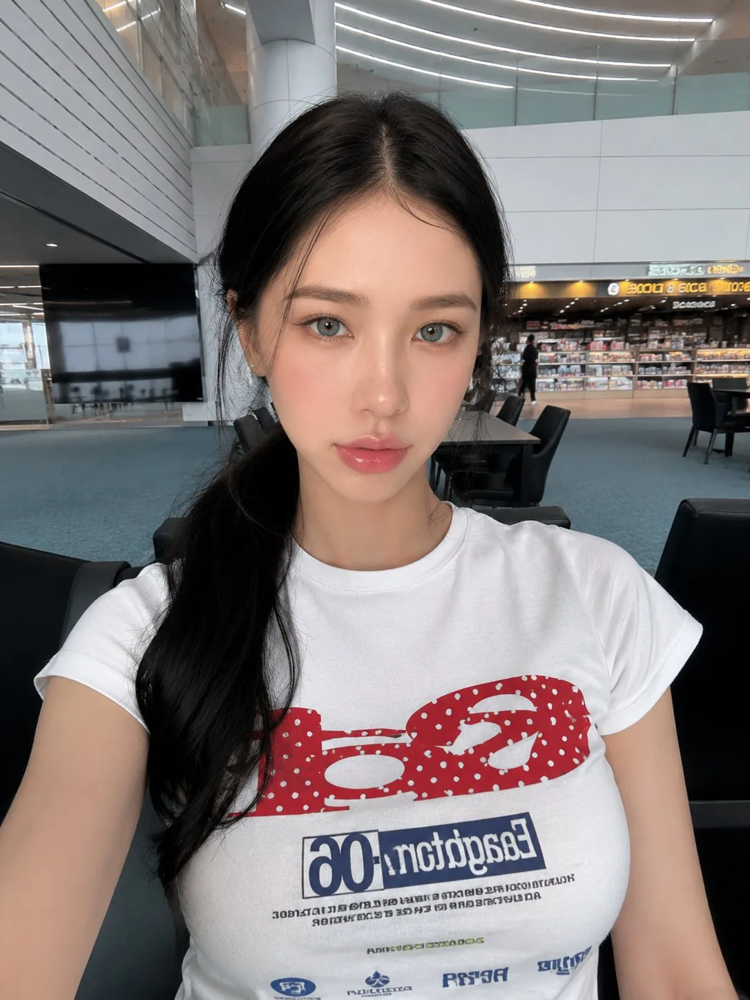 Ultra realistic candid selfie east asian woman airport — Sonra