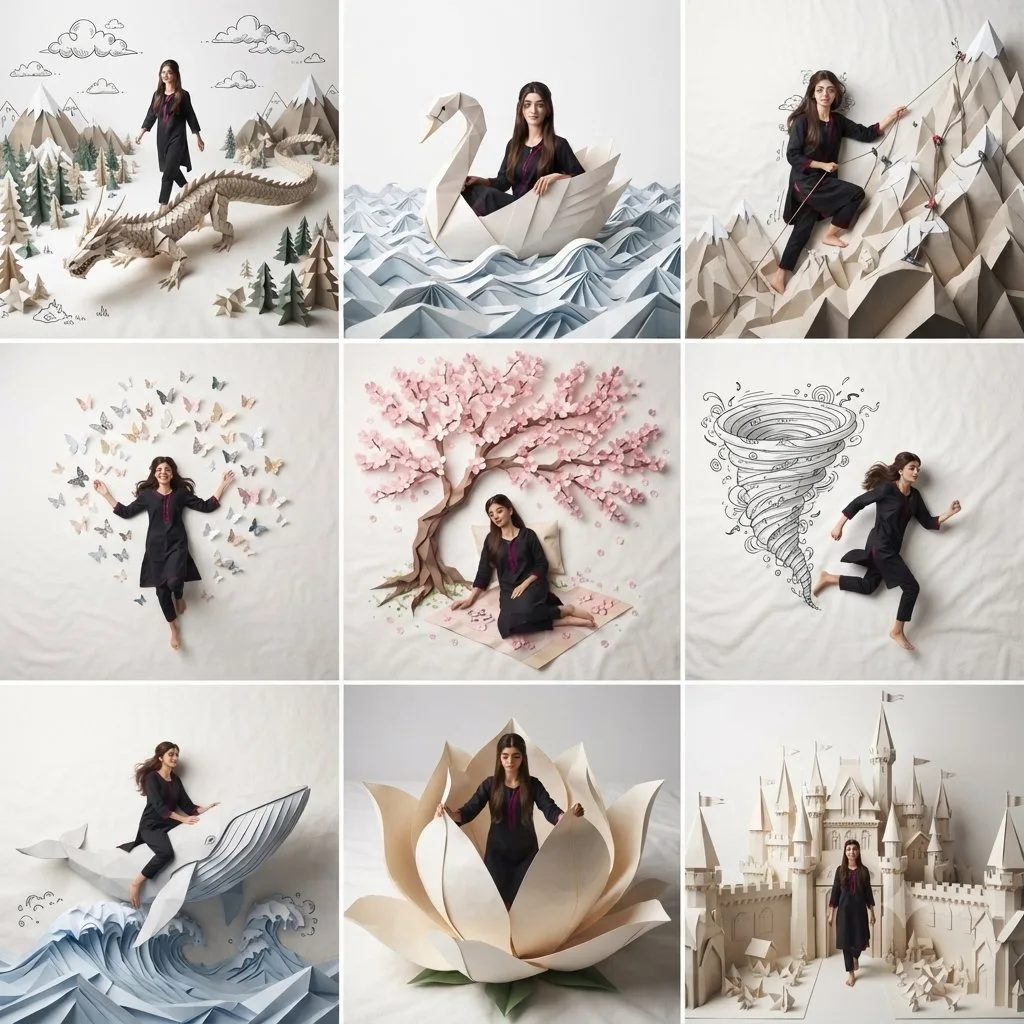 Woman origami world 3x3 collage photography — After