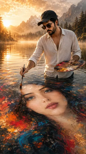 Cinematic surreal mountain lake water painting portrait