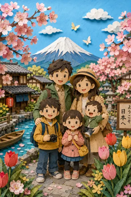 Whimsical 3d paper cut japanese village family portrait