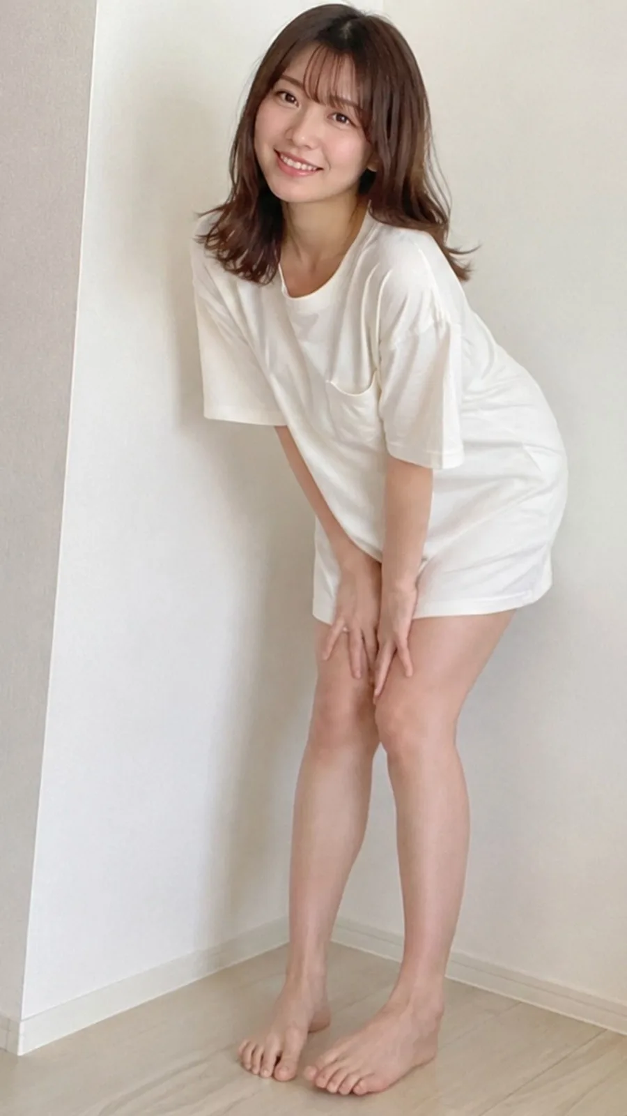 Japanese woman oversized white tshirt leaning forward indoor — Sonra