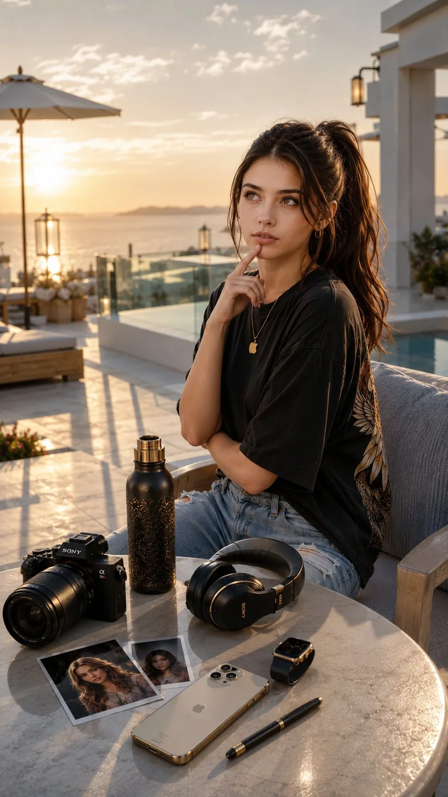 Ultra realistic netflix style luxury terrace portrait — Sonra
