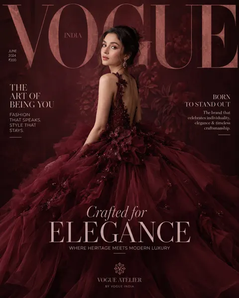 High fashion magazine cover maroon dress model